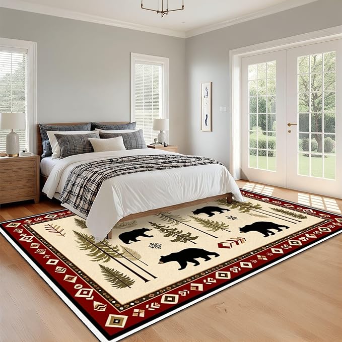 8x10 Area Rugs for Bedroom Boho Washable Man Cave Rug for Living Room Rustic Bear Pine Tree Wilderness Autumn Elements Soft Rubber Backed Non-Slip Large Carpets for Boys
