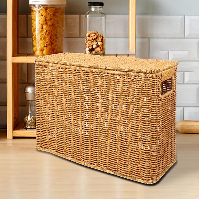 Alipis Woven Basket with Lid and Handle 15X11X6 Inch Portable Gap Storage Box for Organizing Toys Magazines Household Sundries