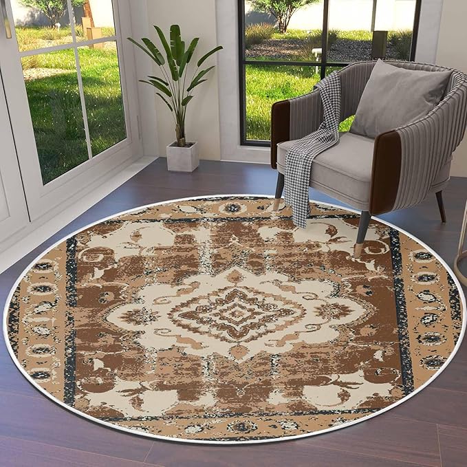 Round Area Rug,Retro Brown Pattern Ethnic Style Circle Living Room Rug Non-Slip Rugs Indoor Carpet,Abstract Flower Tribal Art Soft Comfort Rugs for Bedroom KidsRoom Nursery