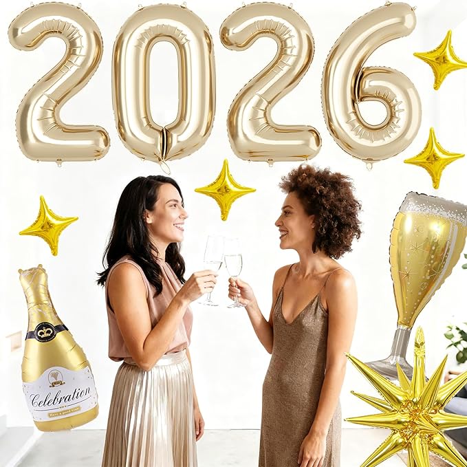 Light Gold 2026 Balloons, 40 Inch Number Champagne Gold Foil Balloons, Gold Star Balloon Champagne Bottle Glass Balloon for Happy New Years Eve Party Supplies 2026 Class of 2026 Graduation Decorations