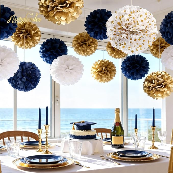 NICROLANDEE Wedding Party Decorations - 12 PCS Navy Blue and Gold Tissue Paper Pom Poms for Colleage Graduation, Baby&Bridal Shower, Birthday, Bachelorette Party, Engagement Party, Anniversary Party