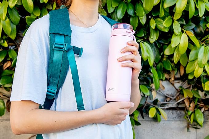 Ello Cooper 18oz Stainless Steel Water Bottle with Straw and Carry Handle, Double Walled and Vacuum Insulated Metal, Leak Proof Locking Lid with Soft Silicone Spout, Reusable, BPA Free, Cashmere Pink