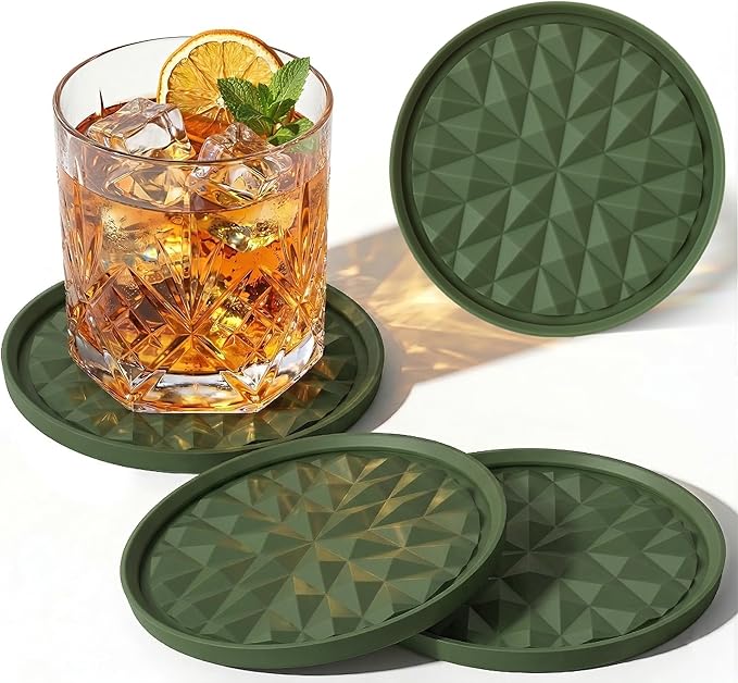 Silicone Coasters for Drinks[4 Pack]- Cup Mat for Tabletop Protection-Non-Slip, Non-Stick, Coffee Table Decor, Great Gift for Christmas, Olive Green