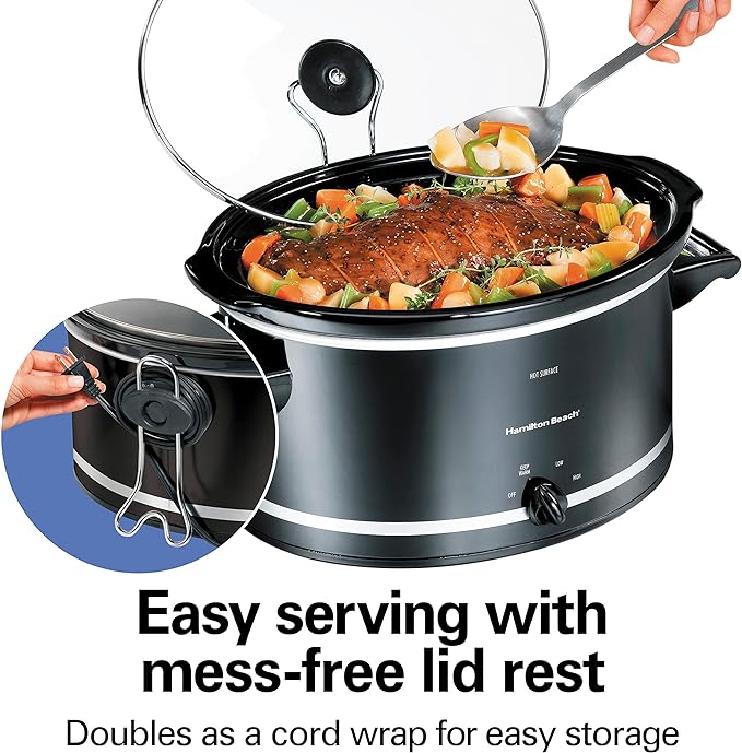 Hamilton Beach Slow Cooker with 3 Cooking Settings, Dishwasher-Safe Stoneware Crock & Glass, 8-Quart Built-In Lid Rest, Black