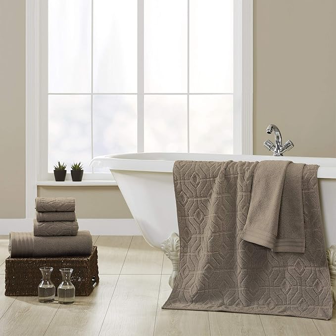 Modern Threads 6 Piece Cotton Bath Towel Set – Ultra Soft 550 GSM Towels – Bathroom Set with Hand Towels and Washcloths – Geometric (Classic Taupe)