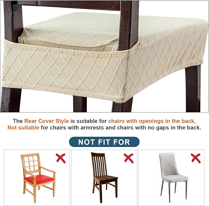 Genina Waterproof Seat Covers for Chairs,Set of 6 Dining Room Chair Seat Covers for Kitchen,Stretch Jacquard Removable Washable Dining Chair Slipcovers Protectors with Rear Covers, Beige