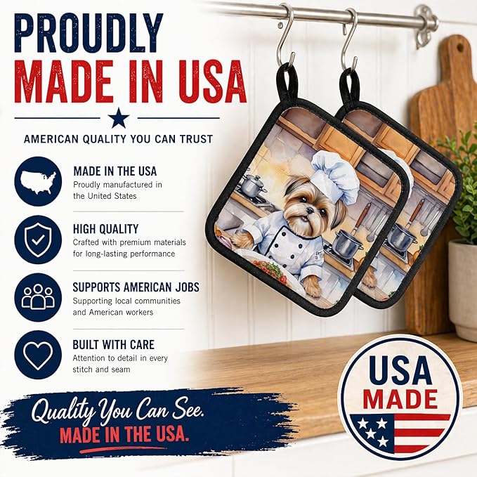 Caroline's Treasures Lhasa Apso The Chef Pair of Pot Holders Kitchen Heat Resistant Pot Holders Sets Oven Hot Pads for Cooking Baking BBQ, 7 1/2 x 7 1/2
