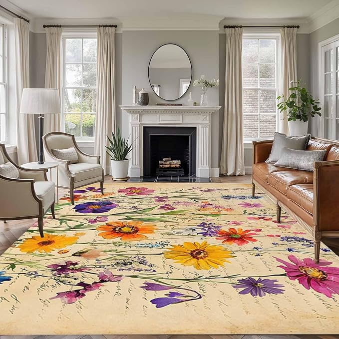 Area Rug 6x9ft, Farmhouse Colorful Small Flower Washable Rugs for Living Room Bedroom, Retro Backdrop Seamless Soft Non-Slip Area Rugs Rectangle Floor Carpet for Dining Room