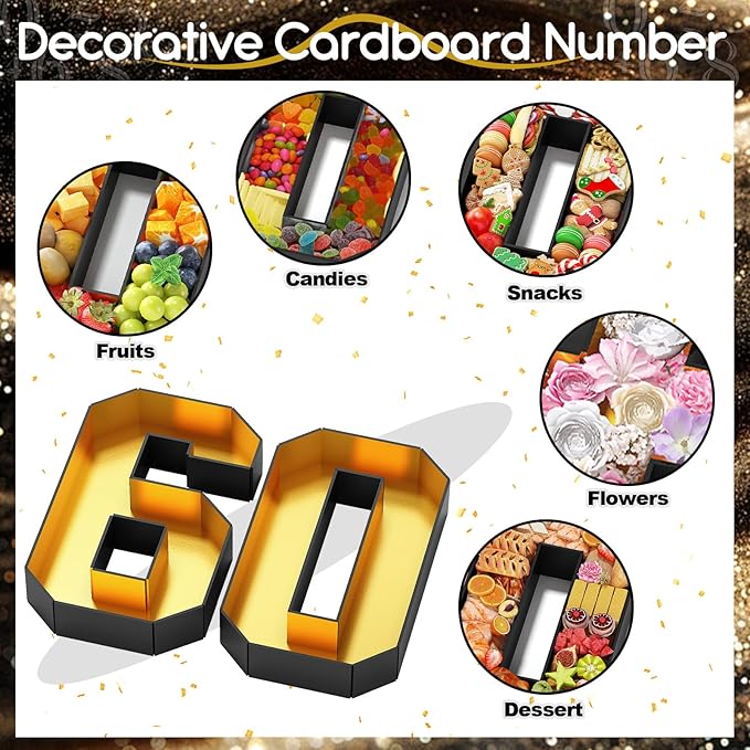 60 Cardboard Numbers for Charcuterie Fillable 13.8'' Black Gold Paper Mache Number Shaped Cupcake Pans Board Box Trays Container for Food Candy 60th Birthday Party Decorations Anniversary