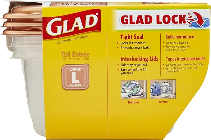 Glad GladWare Home Collection Tall Entree Food Storage Containers with Copper Metallic Lids, Large Square No BPA Plastic for Meal Prep and Lunches, Lock Tight Seal, 42 Oz, 3 Count - 6 Pack