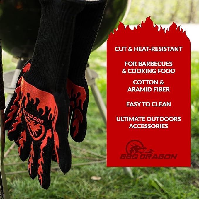 BBQ Dragon Ultimate Grill & Smoke Cleaning Bundle — Heavy Duty Heat Resistant BBQ Gloves + Stainless Steel Grill Brush and Scraper for Outdoor Barbecue, Grilling & Smoking