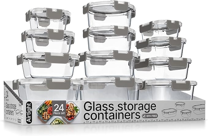 Bakken Borosilicate Glass Food Storage Containers with Lids 24 Pieces, BPA-Free Stackable Lunch & Leftover Containers, Microwave, Freezer & Dishwasher Safe, 100% Airtight Leak-Proof, Gray