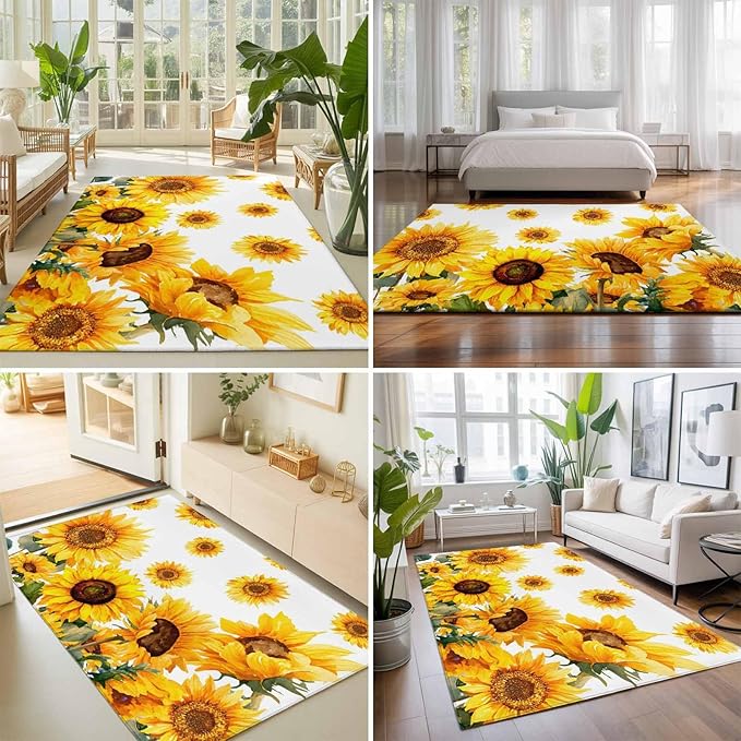 Area Rug 9x12ft, Summer Pastoral Sunflower Washable Rugs for Living Room Bedroom Rectangle Floor Carpet, Farmhouse Yellow Flower Soft Non-Slip Area Rugs for Dining Room