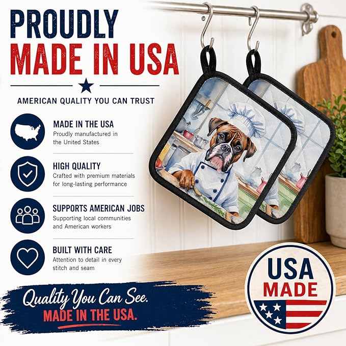 Caroline's Treasures Boxer The Chef Pair of Pot Holders Kitchen Heat Resistant Pot Holders Sets Oven Hot Pads for Cooking Baking BBQ, 7 1/2 x 7 1/2