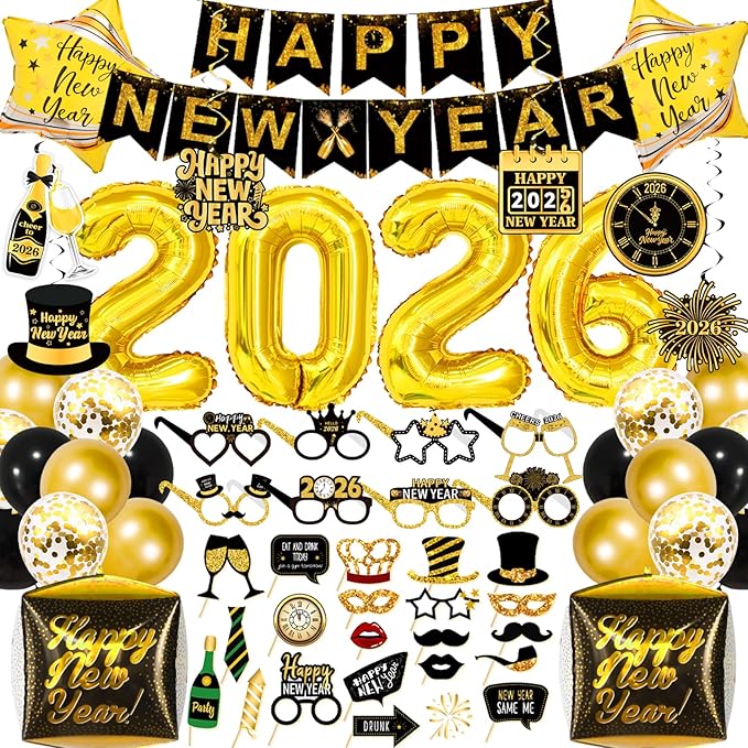 70Pcs 2026 Happy New Years Decorations Set, Black Gold New Years Eve Party Supplies 2026 with Banner 2026 Balloons Paper Glasses Photo Props Hanging Swirls for 2026 New Year Decorations