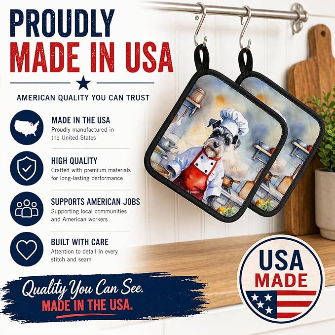 Caroline's Treasures Schnauzer The Chef Pair of Pot Holders Kitchen Heat Resistant Pot Holders Sets Oven Hot Pads for Cooking Baking BBQ, 7 1/2 x 7 1/2