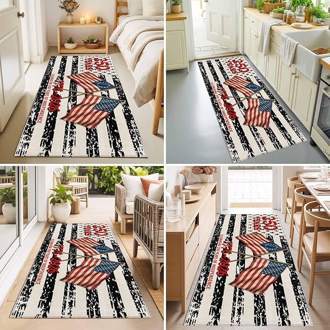 Runner Rug for Bedroom Hallway, Independence Day 250th Anniversary Kitchen Runner Rugs Area Rug 2x6ft, Retro USA Flags Washable Soft Floor Carpet for Entryway Stair