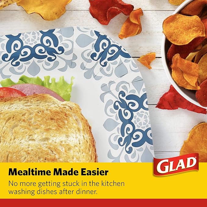 Glad Square Heavy Duty Paper Plates, Soak Proof and Cut Proof Disposable Plates for Parties and Everyday Meals, Microwaveable for Easy Serving, Blue Victorian Pattern, 10 Inch, 50 Count