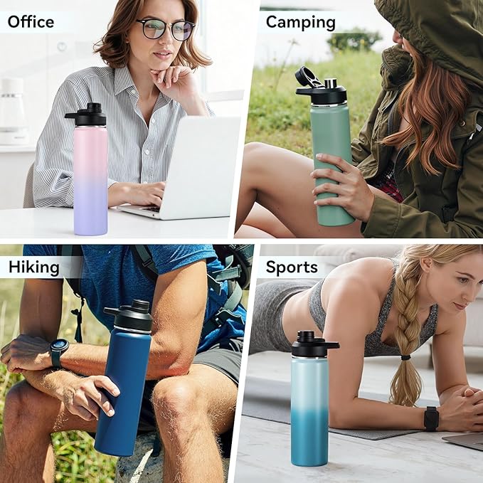 Fijinhom 24 oz Insulated Water Bottle with Handle, 304 Stainless Steel Water Bottles with 2 Lids, Double Wall Vacuum Sports Water Cup with Straw, BPA Free, Keep Cold and Hot, Black/Gray