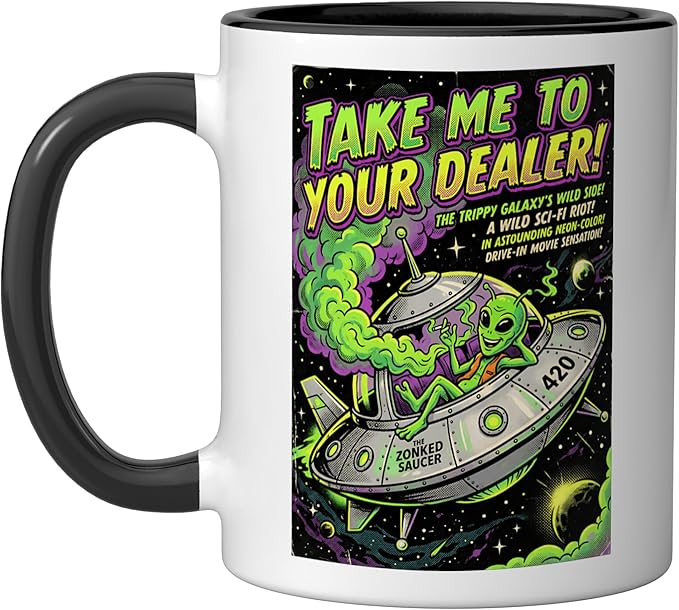 Take Me to Your Cannabis Stoner 420 Alien UFO Sci-Fi Weed Ceramic Mug, Black/White