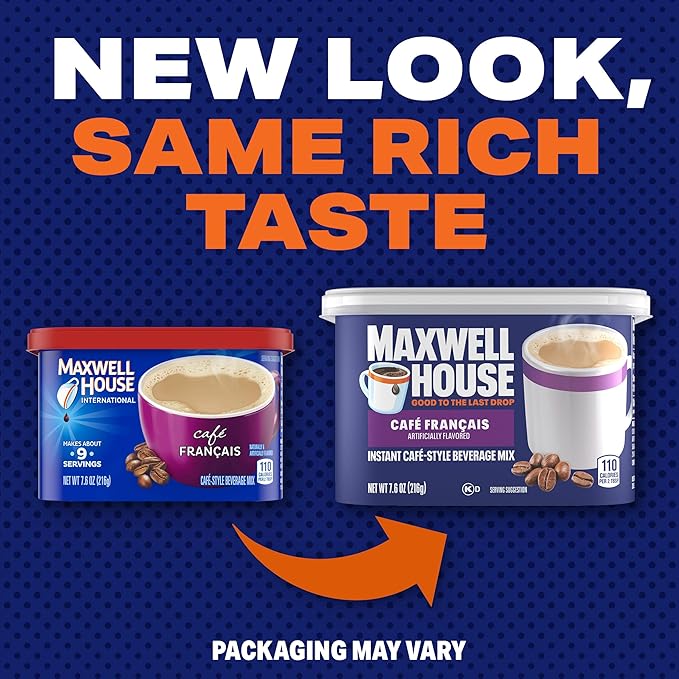 Maxwell House Instant Cafe-Style Beverage Mix, Easy to Prepare, 1 Canister, for Quick Morning Coffee or Afternoon Treat, Cafe Francais, Kosher Dairy, 7.6 oz (Packaging May Vary)