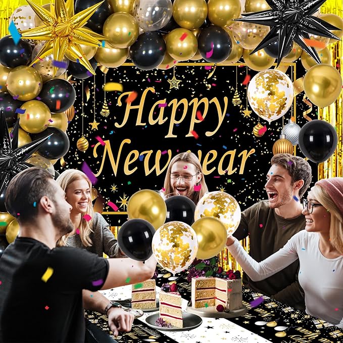 Happy New Year Decorations 2026, New Years Eve Party Supplies 2026 Black and Gold Happy New Year Banner Backdrop New Years Eve Decorations Tablecloth Foil 2026 Balloons for NYE Party Decor