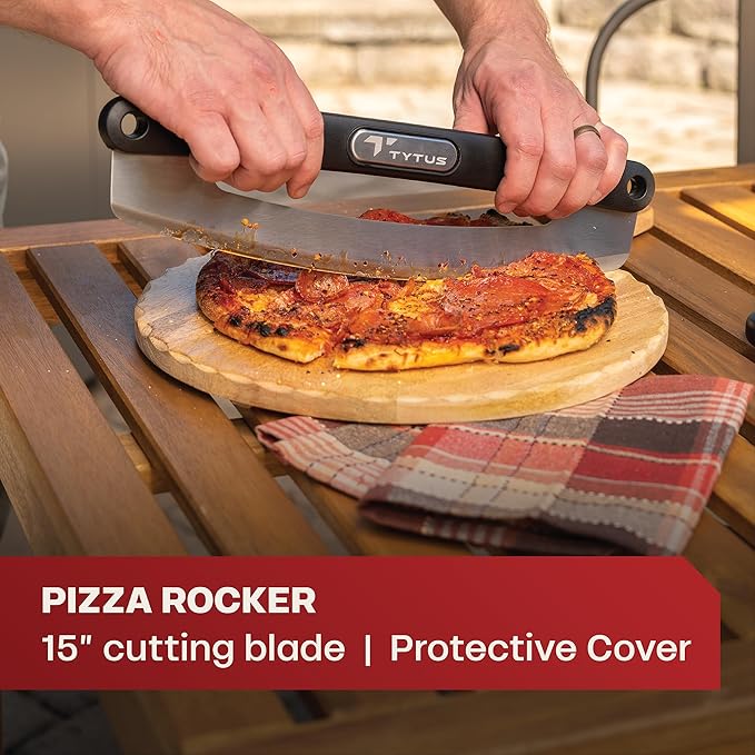 TYTUS Pizza Oven Tool Set 4 Pieces - 12" x 12" Peel, Sharp Rocker, Server & Nylon Stone Brush for Gas Fired Emberwood Pizza Oven