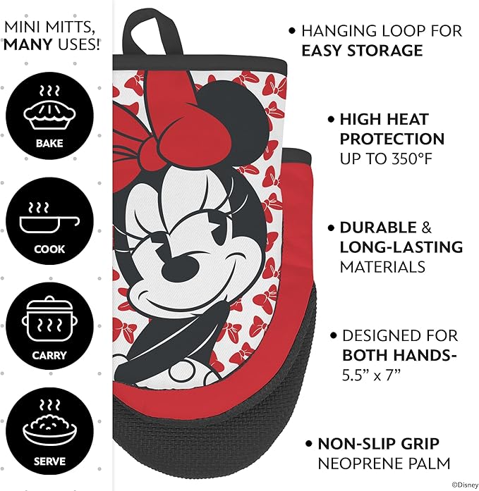 Disney Kitchen Towels & Oven Mitts Set – 4 Piece Bundle with 2 Cotton Dish Towels/Hand Towels & 2 Heat Resistant Mini Oven Mitts (Pot Holders) – Mickey, Stitch & Pooh (Minnie Mouse)