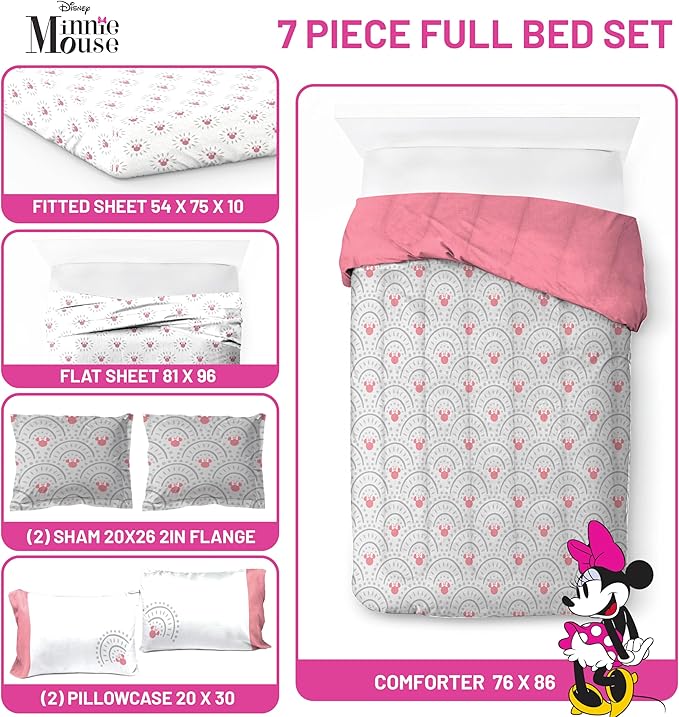 Disney Minnie Mouse Full Sized Comforter Set - 7 Piece Bedding Includes Sheet Set & Pillow Covers - Super Soft Cozy Pink Mandala Bedding