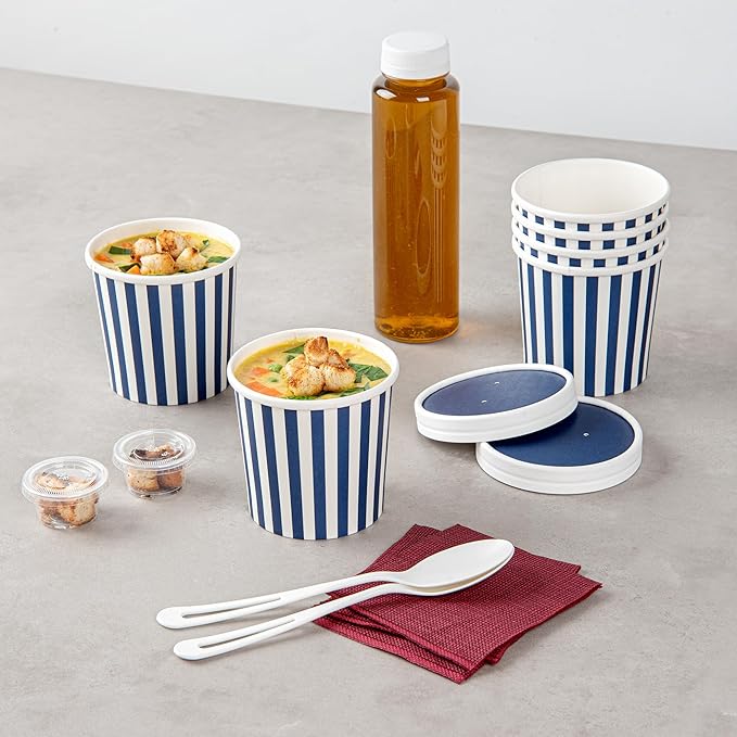 Restaurantware Bio Tek 12 Ounce Soup Containers 200 Durable Soup Bowls - Disposable Sustainable Blue And White Paper Soup Cups Striped Round For Hot Or Cold Foods