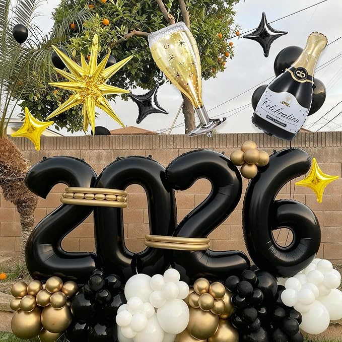 Black 2026 Balloons, 40 Inch Number 2026 Black Foil Balloons, Gold Black Star Balloon, Champagne Bottle Glass Balloon for Happy New Years Eve Party Supplies 2026 Class of 2026 Graduation Decorations