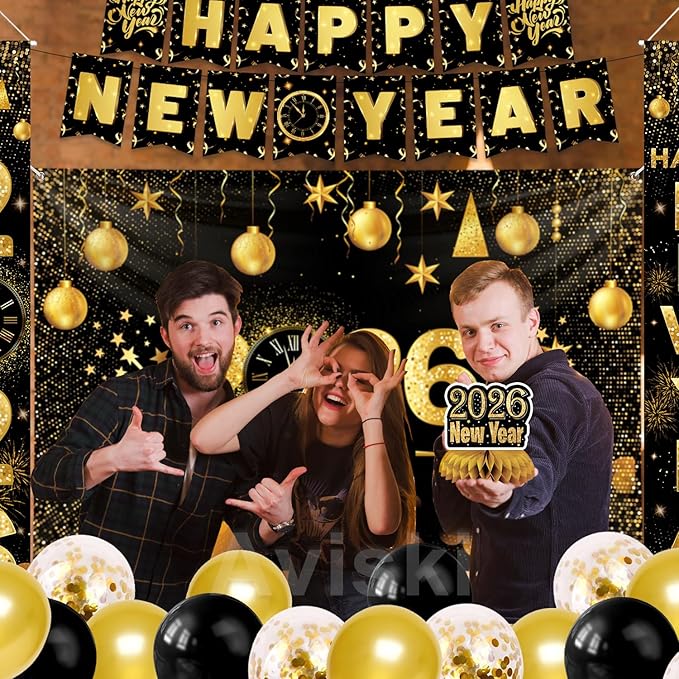New Years Eve Party Decorations, Happy New Year 2026 Decorations for Party Supplies - Including garland banner, Background Banner, Table Centerpieces, Door/Wall Banner, Balloons