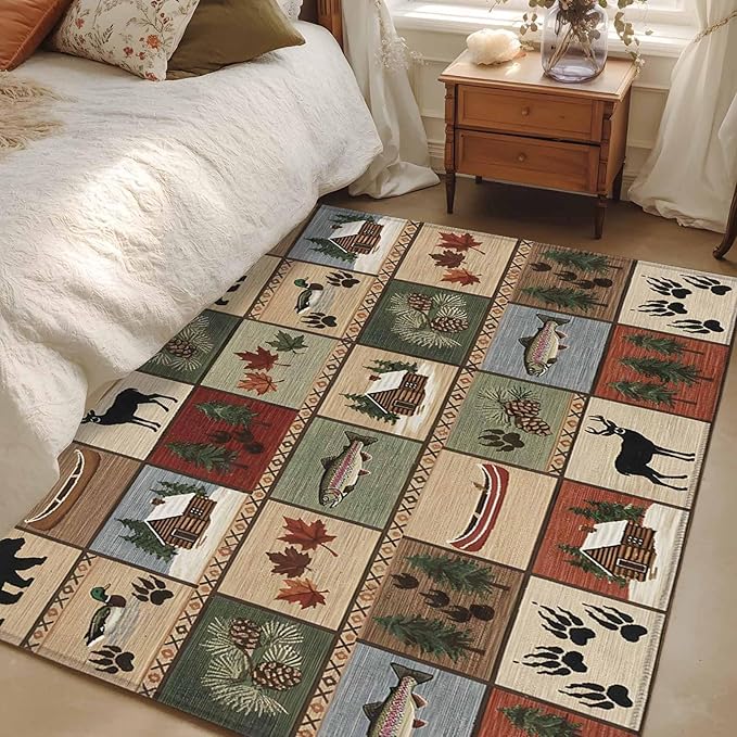 Area Rug 4x6ft, Vintage Bear Forest Deer Fish Village Washable Rugs for Living Room Bedroom, Retro Wildlife Themes Soft Non-Slip Area Rugs Rectangle Floor Carpet for Dining Room