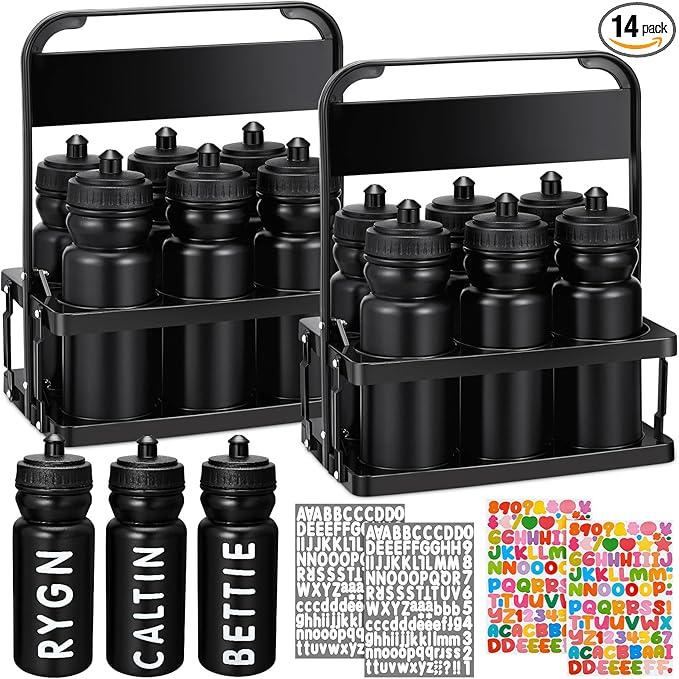 Suclain Water Bottle Carrier with 20 Oz Bottles and Stickers Plastic Wide Mouth Sports Water Bottle Squeeze Team Bottles with Black Lid for Fitness Bike Gym(14 Pcs,Black)