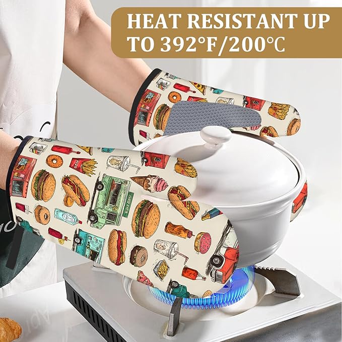 Funny Trucks Oven Mitts and Pot Holders Sets 4Pcs Fast Food Snacks Silicone Kitchen Gloves Heat Resistant Potholders for Baking Cooking Grilling BBQ