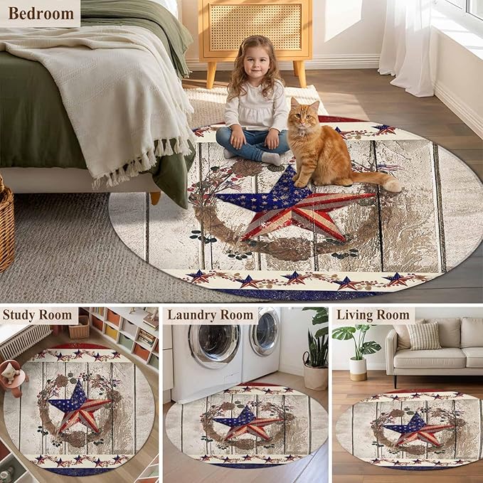 Washable Round Area Rug Retro USA Flag Star and Berry Circle Rugs Floor Carpet for Living Room Bedroom, Wooden Texture Soft Non Slip Round Rug 3ft
