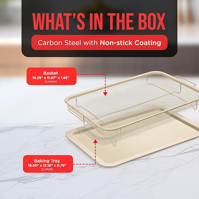 Bakken- Swiss Crisper Tray with White Marble Coating - 2-Piece Large Set – Non-Stick Basket for Healthier Cooking in Regular Ovens - Perfect for Crispy Chips, Bacon & More
