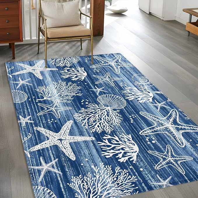 Navy Blue Coastal 4x6 Area Rugs, Ocean Coral Starfish Non-Skid Rubber Backing Large Rectangle Rugs - Living Room Bedroom Home Office, Summer Beach Indoor Floor Mat Carpets Washable Rug