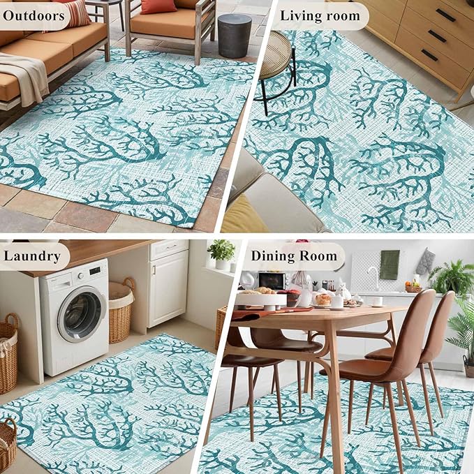Area Rug 3x5ft, Coastal Sea Coral Retro Linen Washable Rugs for Living Room Bedroom, Underwater Ocean Life Soft Non-Slip Area Rugs Rectangle Floor Carpet for Dining Room