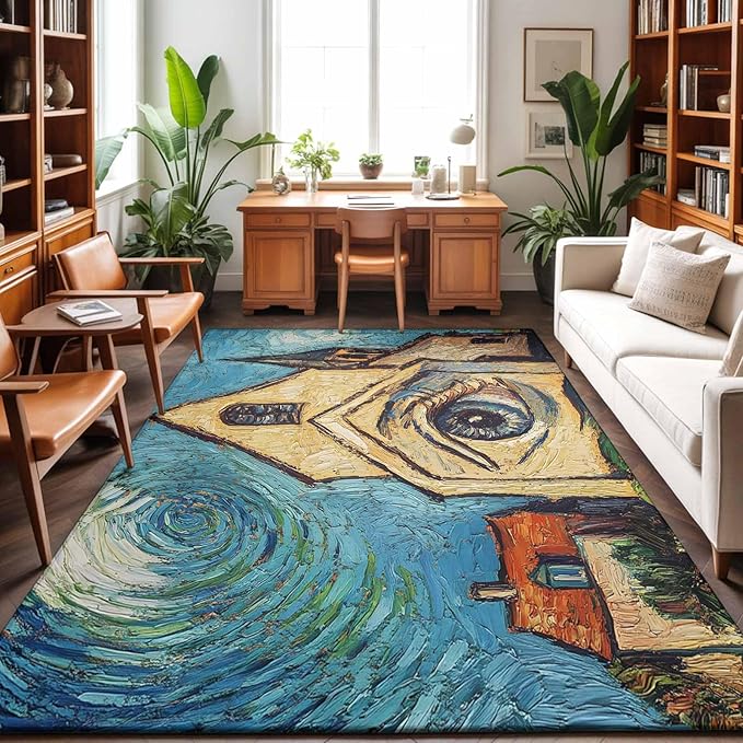 Area Rug 9x12ft, Abstract Farmhouse Starry Night Eye Washable Rugs for Living Room Bedroom Rectangle Floor Carpet, Rustic Oil Painting Art Soft Non-Slip Area Rugs for Dining Room