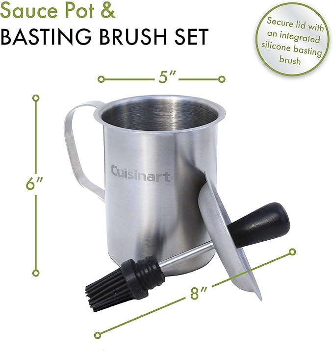 Cuisinart Sauce Pot and Basting Brush Set, 16 oz. Stainless Steel Grill Accessory with Silicone Basting Brush for Cooking & BBQ, Easy to Clean BBQ Accessories for Smoking and Grilling