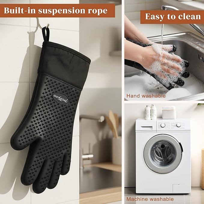 PrettyCare Extra Long 14in Silicone Oven Mitts, Waterproof & Non-Slip Oven Gloves with Fingers,Cotton Lined Silicone Oven Gloves Kitchen Mitts-Heat Resistant for Baking Cooking BBQ（Black