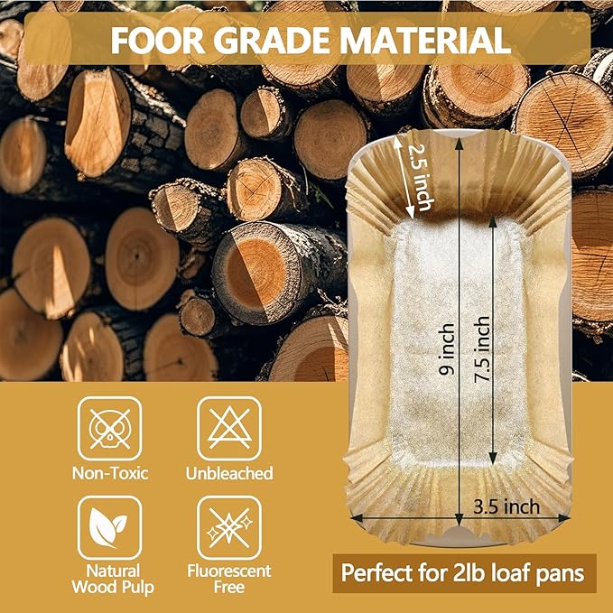 UBeeize 2lb Loaf Pan Liners, 100 PCS Loaf Pan Liners for Baking Bread 9x5, Non-Stick Bread Pan Liners, Pre-formed Rectangle Paper for Bread and Cakes