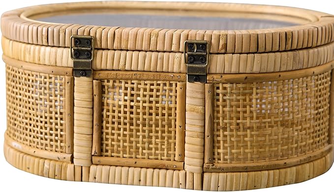 SOFE Oval Rattan Boxes with Glass Lid Set of 2, Farmhouse Stacking Decorative Boxes for Home Decor Organizers, Handwoven Boho Storage Bins, Thanksgiving, Christmas, Housewarming Gifts