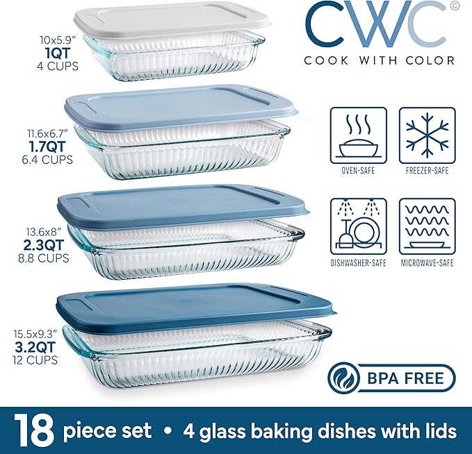 COOK WITH COLOR 8-Piece Deep Glass Baking Dish Set with Plastic Lids – Casserole and Food Storage Containers for Lasagna, Leftovers – Freezer-to-Oven, Microwave & Dishwasher Safe, Fluted Blue