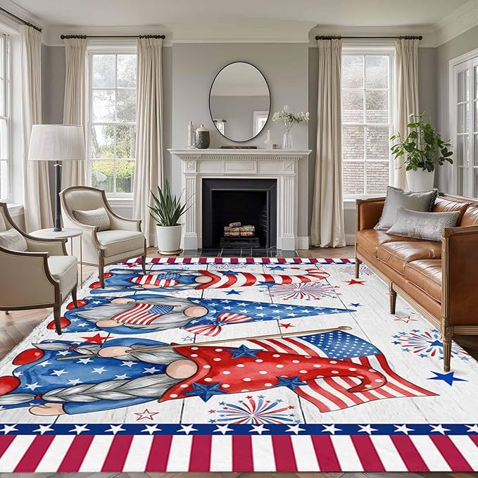 Area Rug 6x9ft, Independence Day USA Flag Star Dwarf Washable Rugs for Living Room Bedroom, Stripes on Wood Grain Soft Non-Slip Area Rugs Rectangle Floor Carpet for Dining Room
