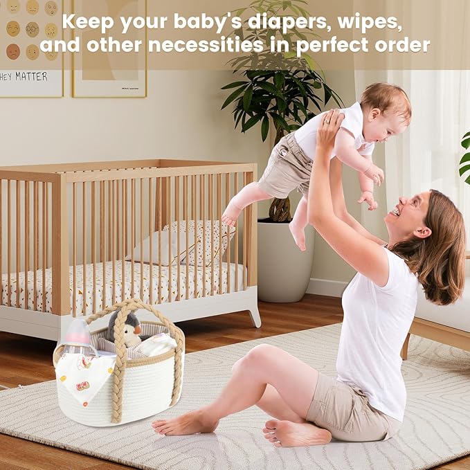 Baby Diaper Caddy, Portable Diaper Organizer for Changing Table, Car Travel Baby Shower Gifts Newborn Essentials, Cotton Rope Nursery Storage Basket for Boys Girls (White＆Khaki)