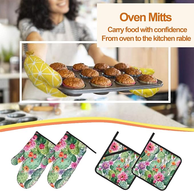Flower Cactus Oven Mitts with Matching Potholders - Heat Resistant Kitchen Accessories for Baking, Grilling, Cooking, Gifts for Women