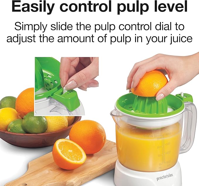 Proctor Silex Electric Citrus Juicer Machine, Large 34 oz. Pitcher, Pressure Activated, 2 Reamers for Big and Small Fruit, Pulp Control, for Orange, Lemon, fruit Juice, White,Green (66340) (Pack of 2)