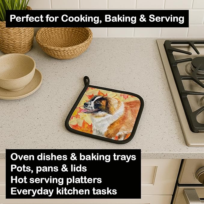Caroline's Treasures BB9940PTHD Saint Bernard Fall Pair of Pot Holders, Yellow Kitchen Heat Resistant Pot Holders Sets Oven Hot Pads for Cooking Baking BBQ, 7 1/2 x 7 1/2